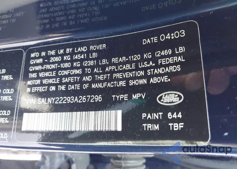 2003 Land Rover Freelander Se z USA, uszkodzony, nr VIN SALNY22293A267296